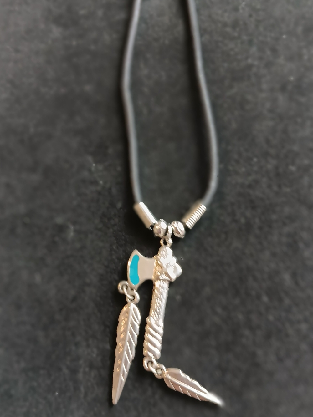 Silver Axe and Feather Pendant Necklace with Turquoise Accent